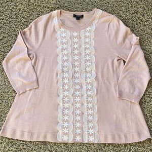 J. Crew Pink Bell Sweater with Cream Embroidery Size S